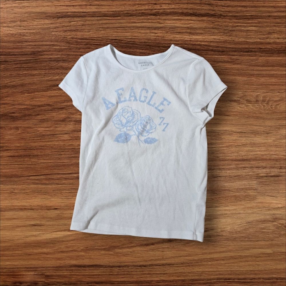 American Eagle White Ribbed Graphic Baby Tee